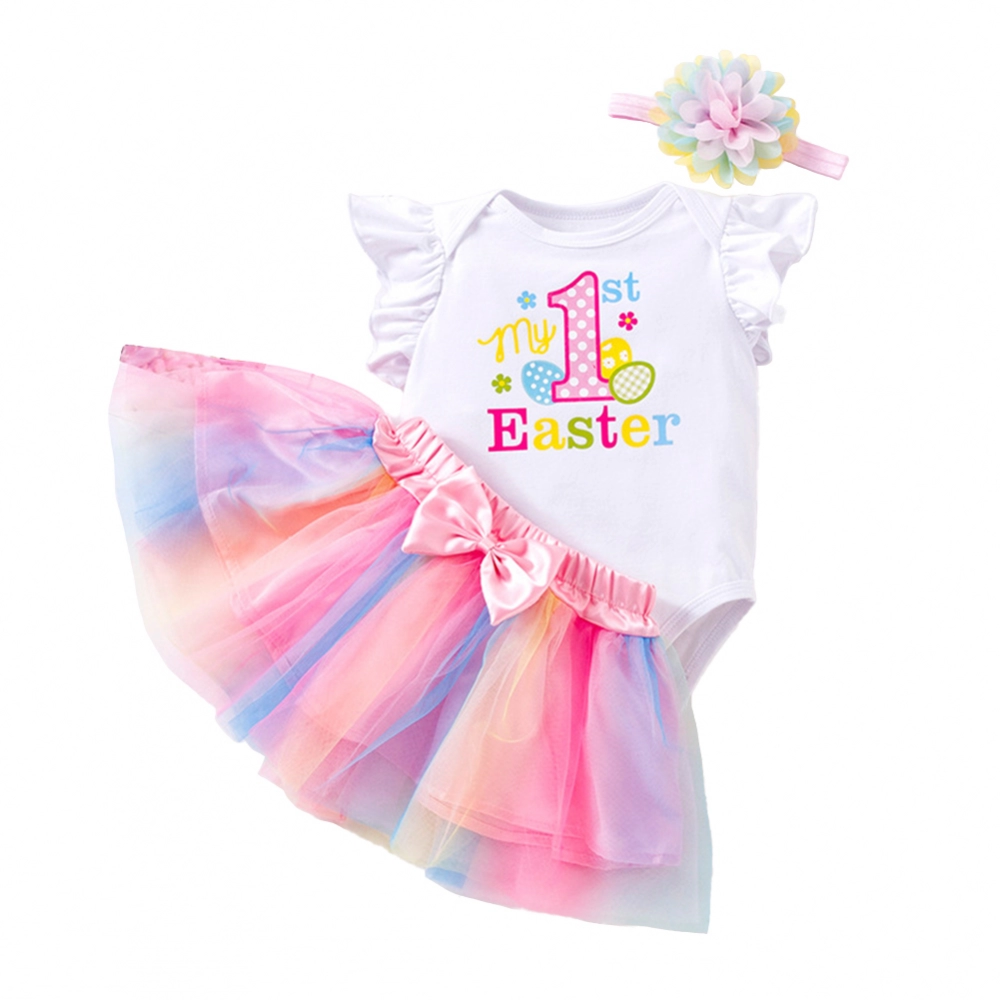 3pcs Baby Girls Skirt Set Flying Sleeve Romper Rainbow Princess Skirt With Headband For 0-2 Years Old Girls