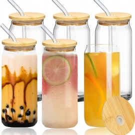 4pcs 16oz Transparent Glasses Cup With Bamboo Lids, 500ml Coffee Cup for Hot and Cold Water