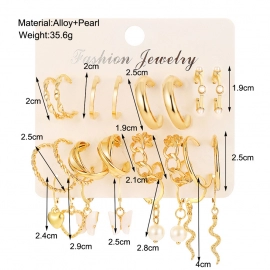 12pcs Women Retro Pearl Butterfly Earrings Set Creative Snake-shaped C-shaped Simple Heart-shaped Earrings